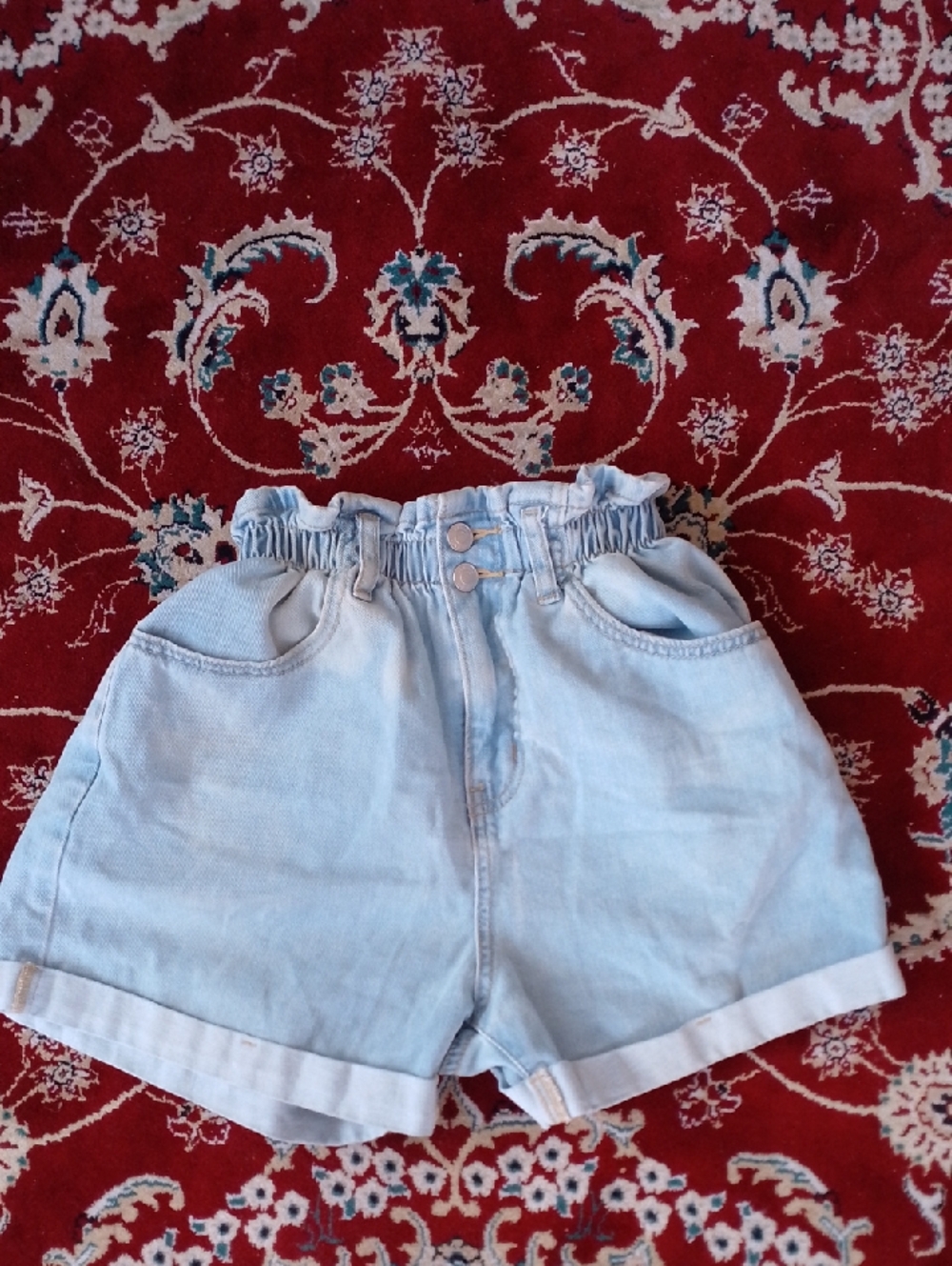 Zenana High Waisted Light Washed Denim Shorts Ruffled Elastic Waistband